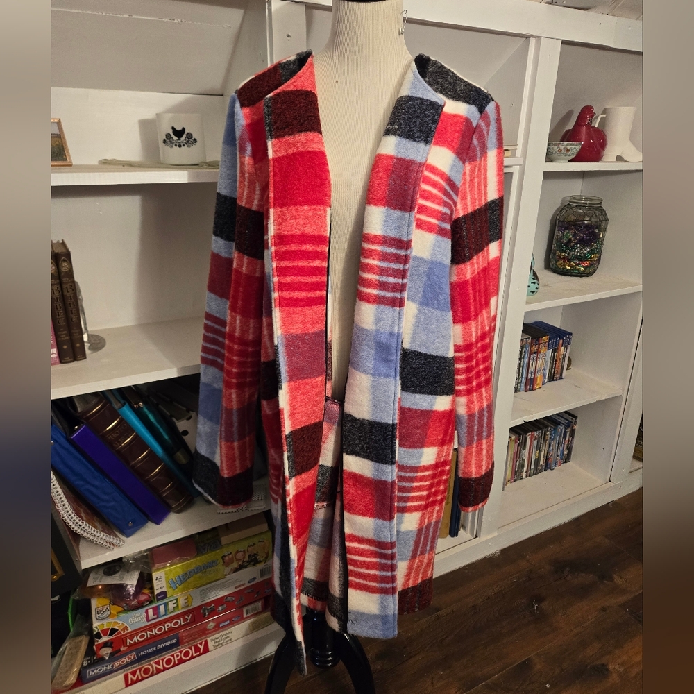 Wool Blend TJ Max Unknown Brand Red Blue Black Plaid Unlined Duster Approx Sz L
